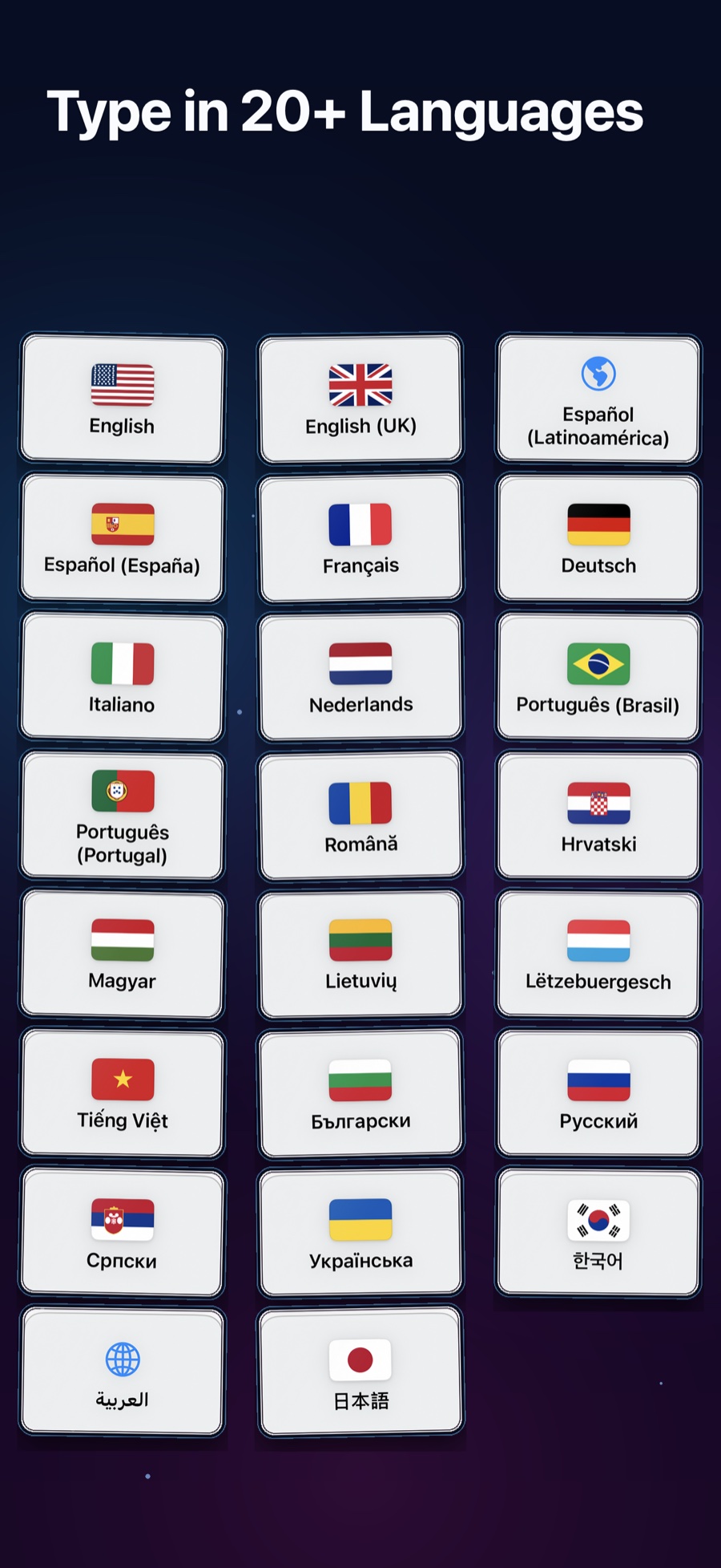 Keyboard Studio language picker showing more than twenty supported typing languages