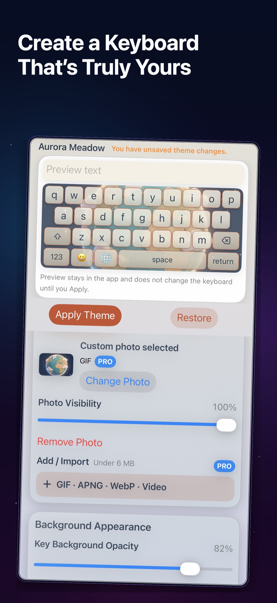 Keyboard Studio theme editor with a custom photo and animated media controls